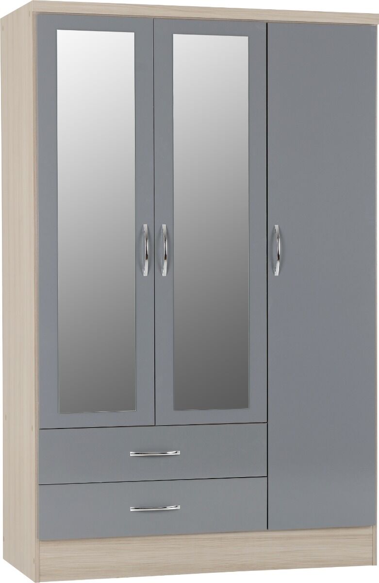 Nevada 3 Door 2 Drawer Wardrobe - Grey Gloss/Light Oak Effect Veneer