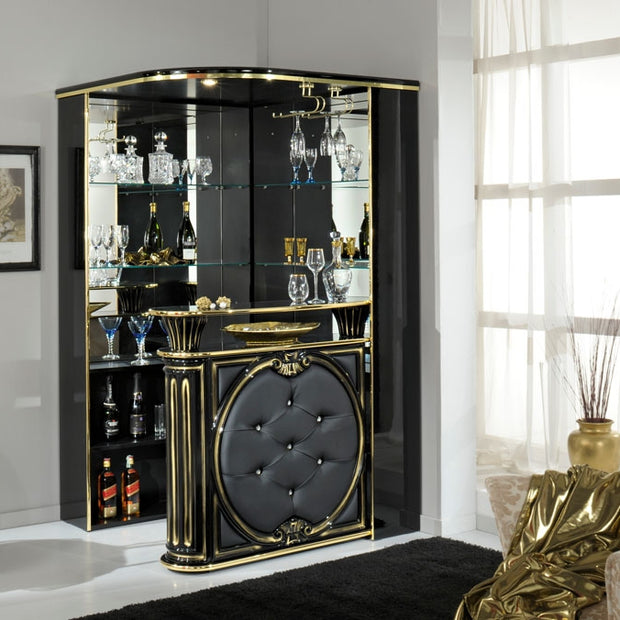 Tiffanie Italian Luxury High Gloss Black-Gold Corner Bar unit H2O Design
