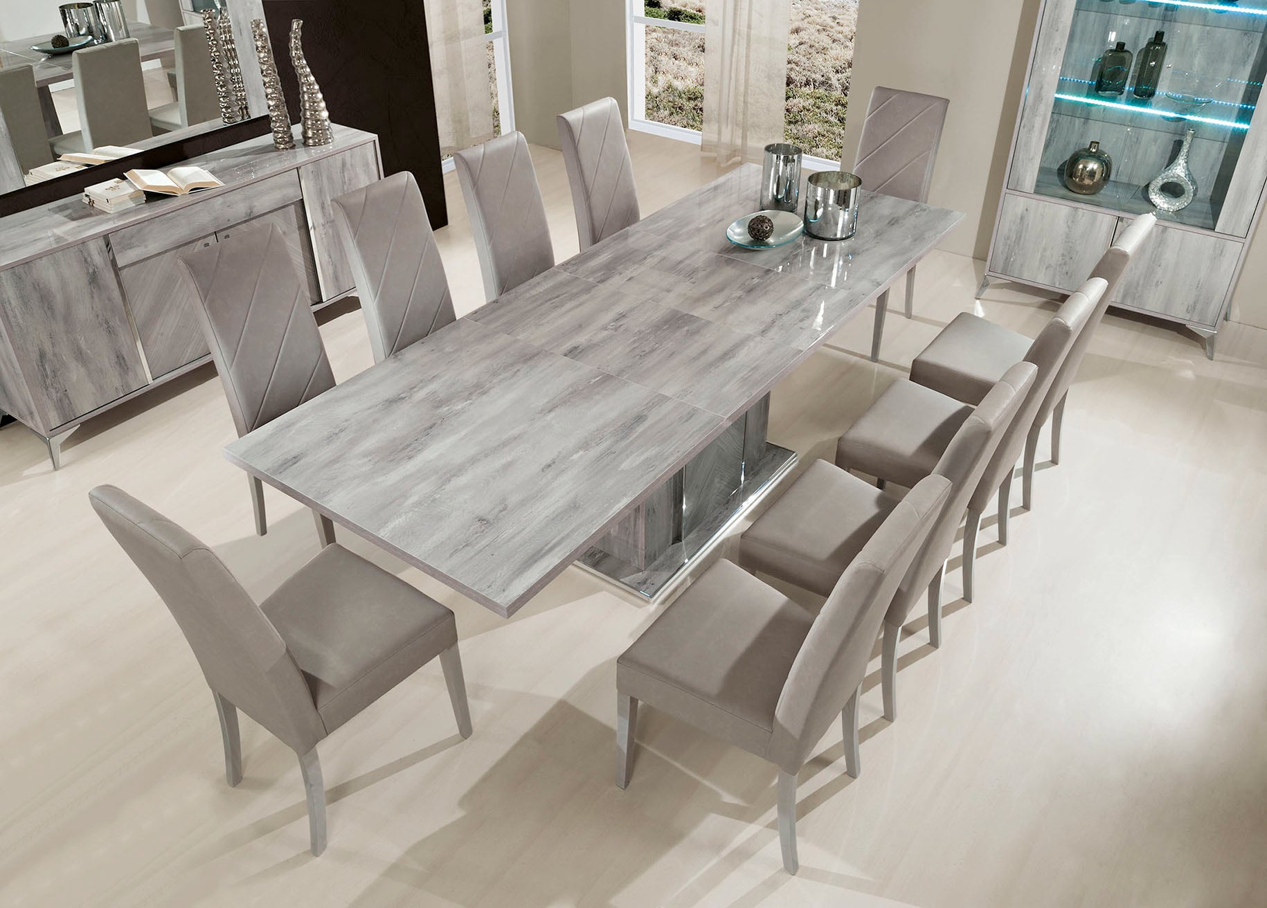 ALEXA LIGHT GREY H2O Design Italian High Gloss ExT-Dining Table + 6 Chairs