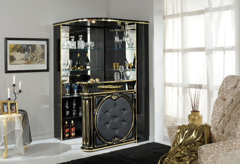 H2O Design Tiffanie Italian Luxury High Gloss Beige & Gold Eco Leather Corner Bar Unit