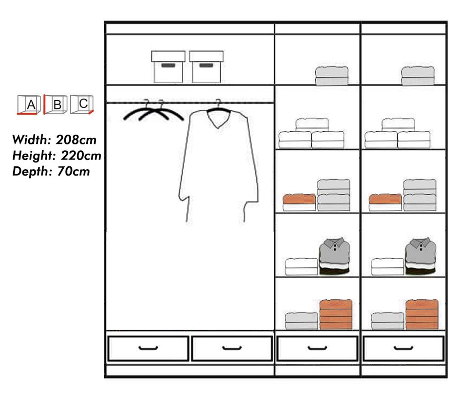 Sycylia Grey High Gloss 2 Doors 4 Drawer Sliding Wardrobe 208cm