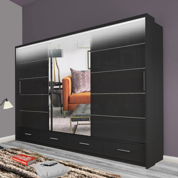 Sycylia Grey High Gloss 3 Doors 4 Drawer Sliding Wardrobe 255cm