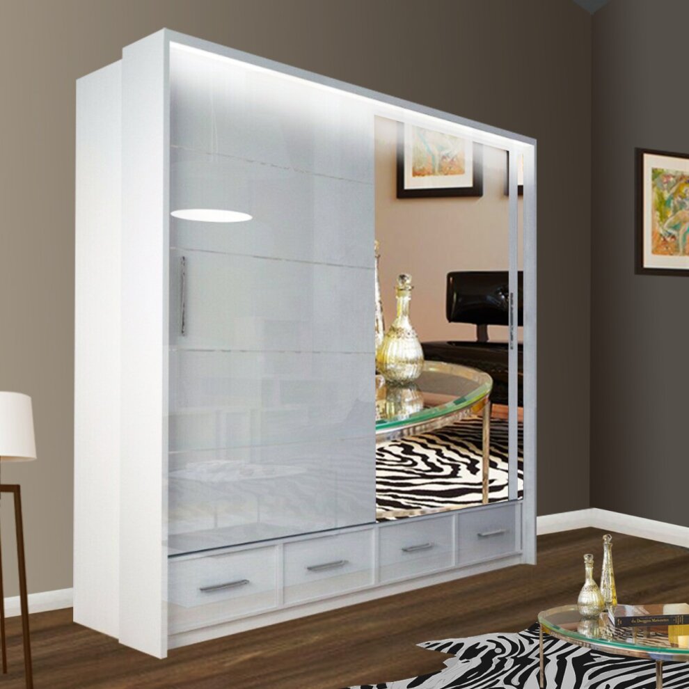 Sycylia Grey High Gloss 2 Doors 4 Drawer Sliding Wardrobe 208cm