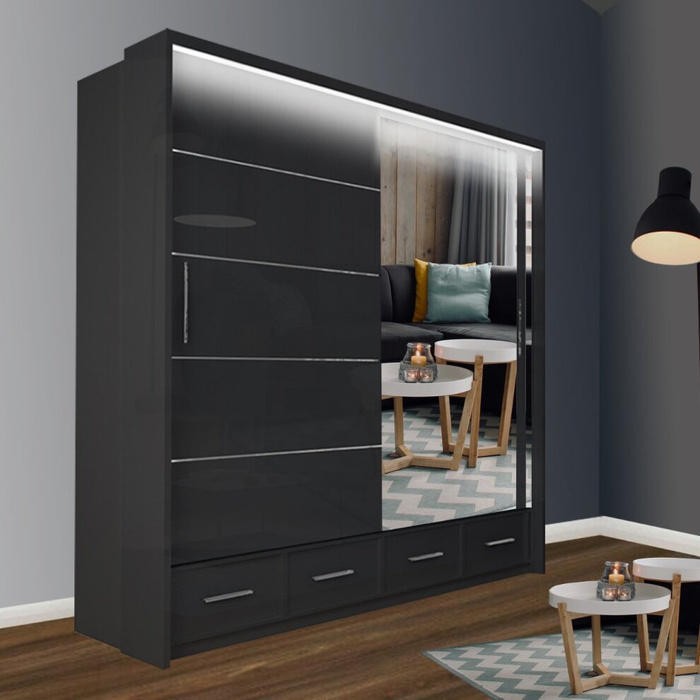 Sycylia Grey High Gloss 2 Doors 4 Drawer Sliding Wardrobe 208cm