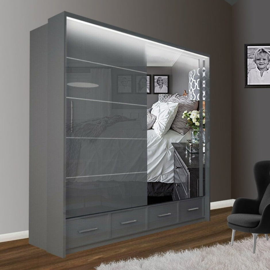 Sycylia Grey High Gloss 2 Doors 4 Drawer Sliding Wardrobe 208cm
