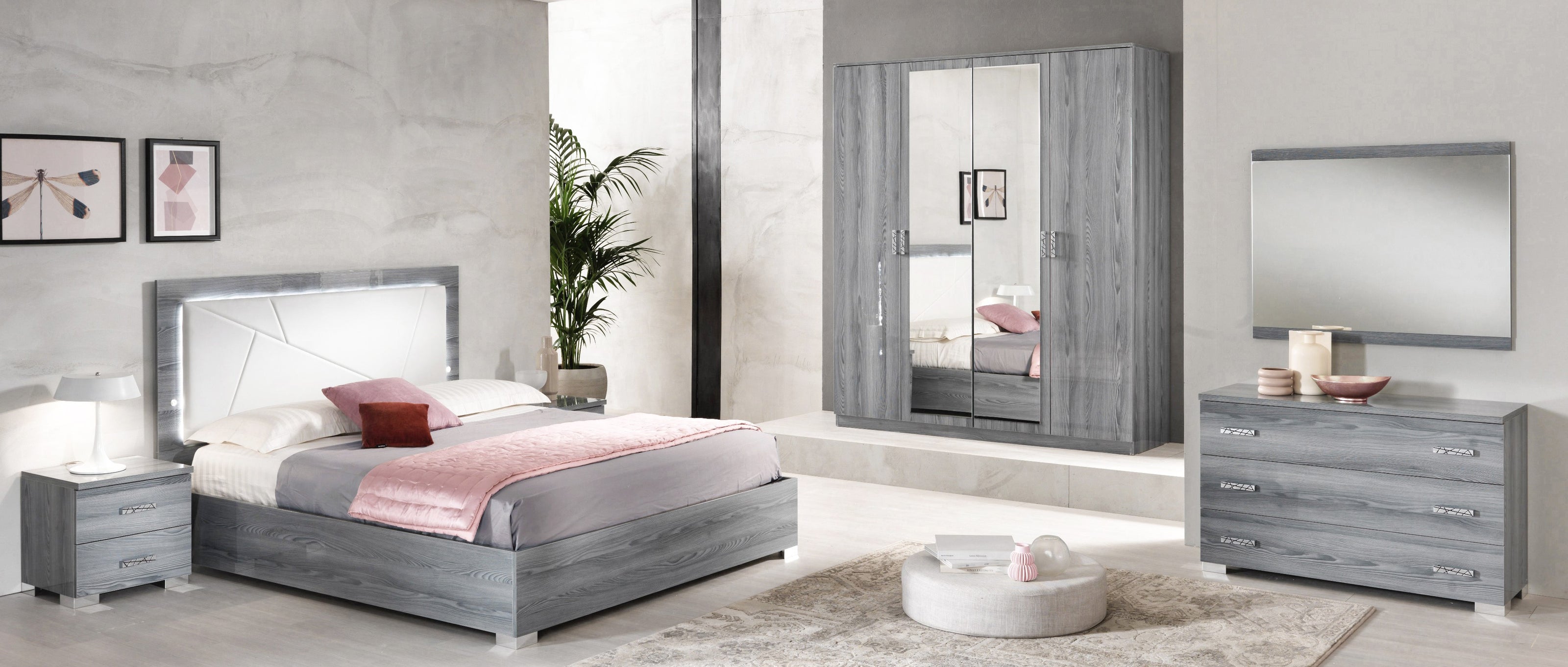 BEN COMPANY New Nicole Grey Padded HeadBoard High Gloss Italian Bedroom Set