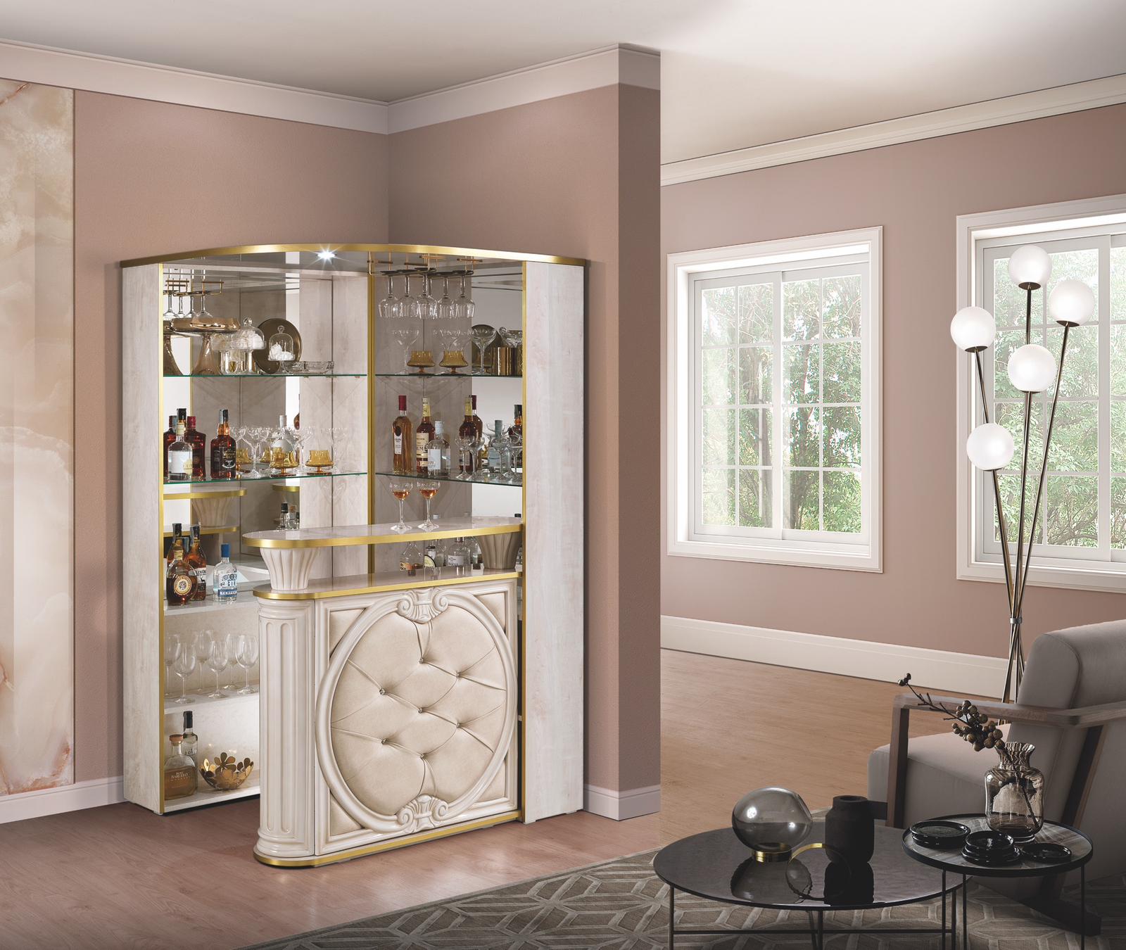 H2O Design Tiffanie Italian Luxury High Gloss Beige & Gold Eco Leather Corner Bar Unit