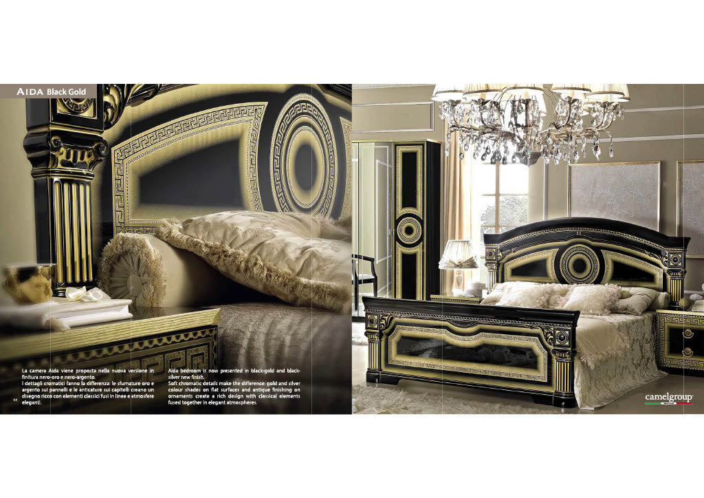 Camel Group Aida Original High Lacquer Italian 4 Doors Black-Gold Bedroom Set