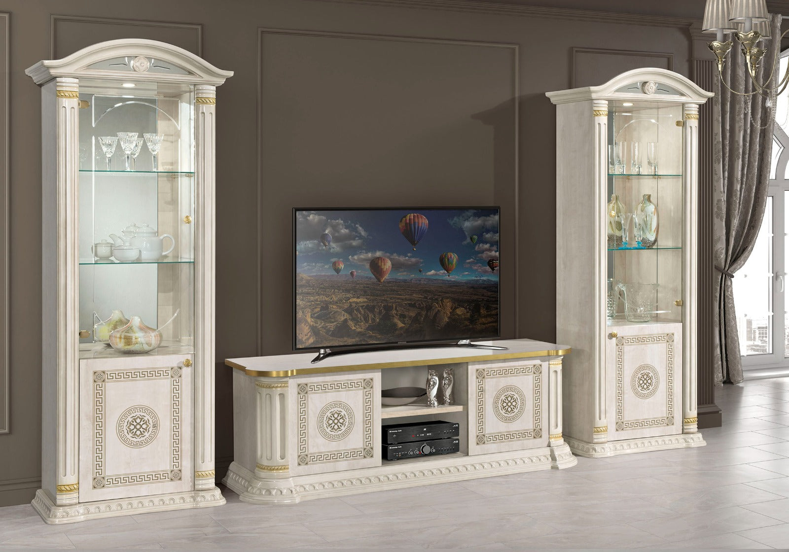 Aurora Versa Design TALIAN Beige-Gold Tv &  Single Door Vitrine Cabinet Set H2O Design