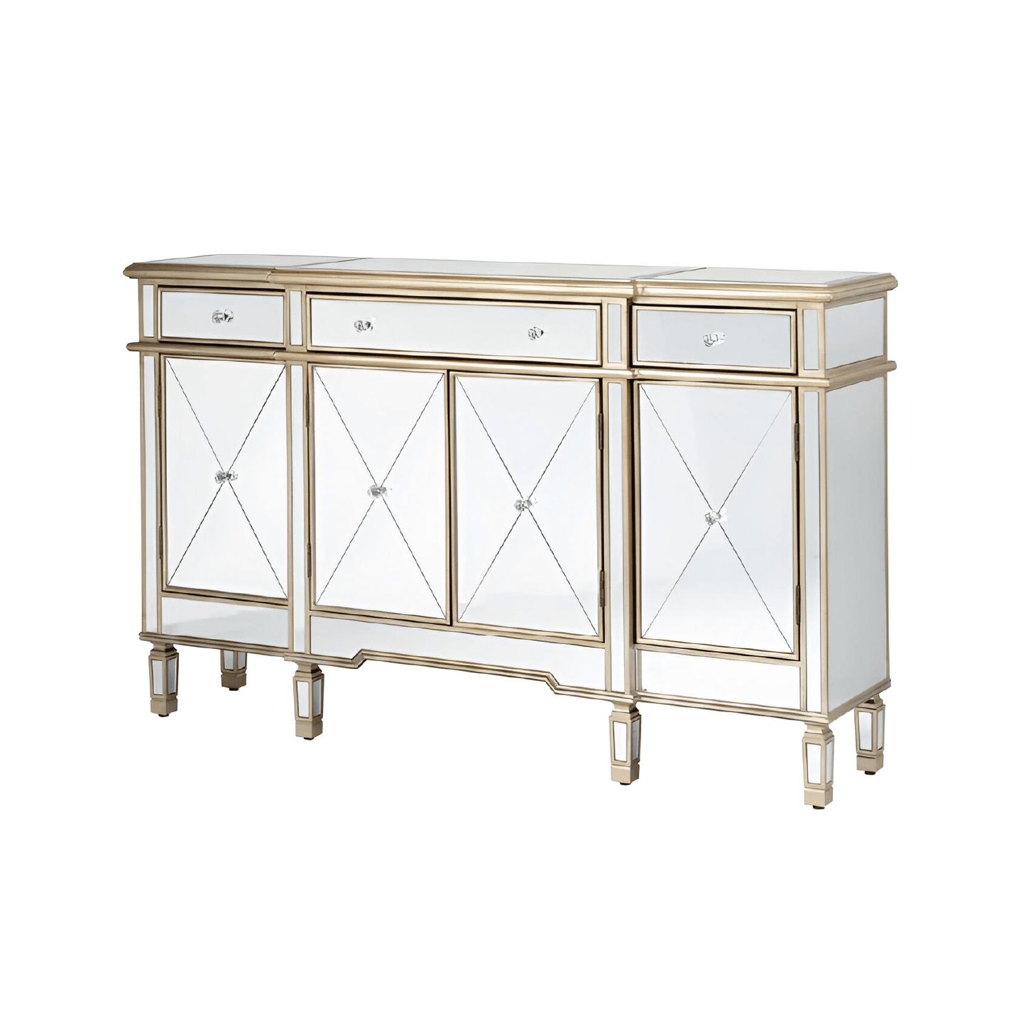 Beaumont Mirrored-Golden Trims 3 Drawer 4 Door Large Storage Sideboard Cabinet