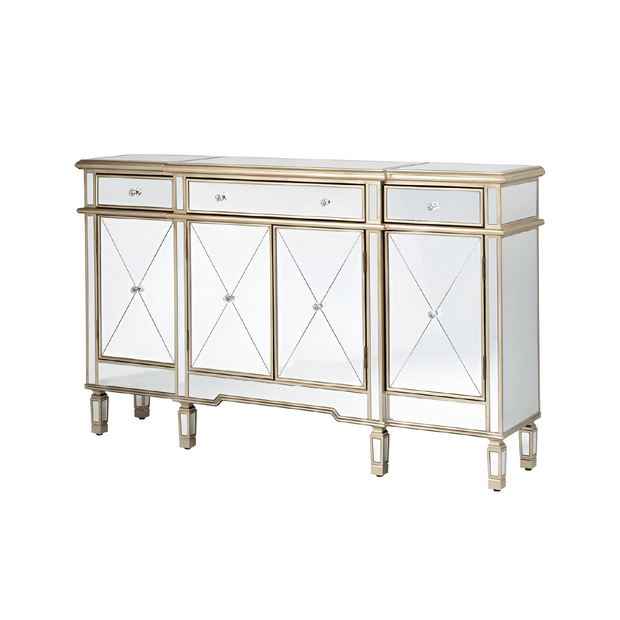 Beaumont Mirrored-Golden Trims 3 Drawer 4 Door Large Storage Sideboard Cabinet
