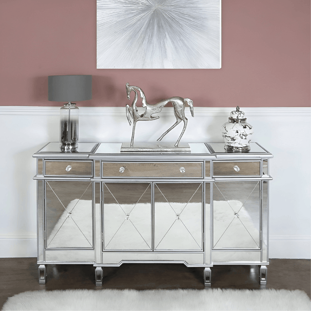 Beaumont Mirrored Silver Trim 3 Drawer 4 Door Sideboard Cabinet