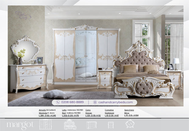 New Luxury Margret Italian High Gloss Bedroom Set + 6 Doors Wardrobe (Low Stock)