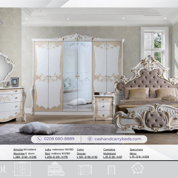 New Luxury Margret Italian High Gloss Bedroom Set + 6 Doors Wardrobe (Low Stock)