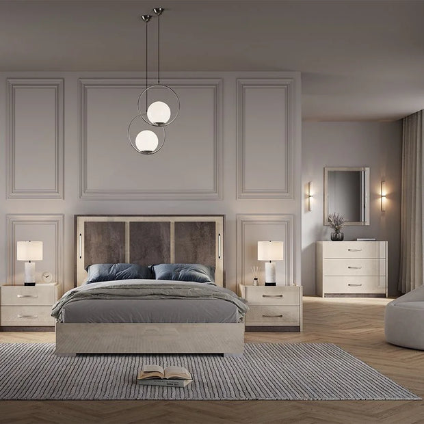 Luxury Claudia Italian 4 Door Wardrobe LED Bedroom Set Cream/Brown STM Design