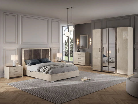 Luxury Claudia Italian 4 Door Wardrobe LED Bedroom Set Cream/Brown STM Design