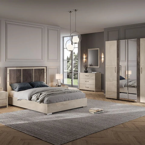 Luxury Claudia Italian 4 Door Wardrobe LED Bedroom Set Cream/Brown STM Design