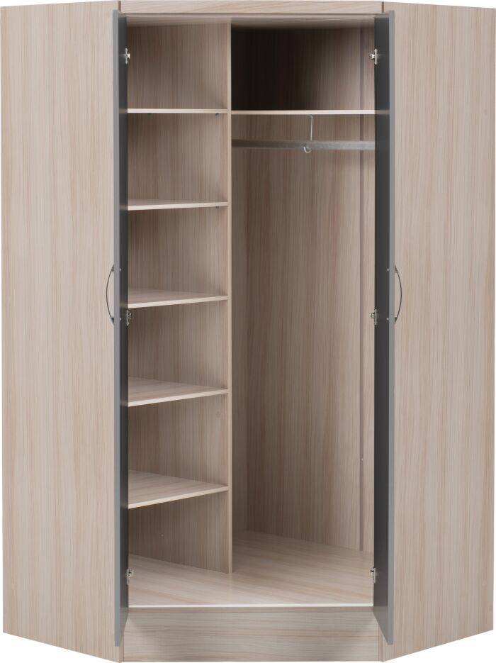 Nevada 2 Door Corner Wardrobe - Grey Gloss/Light Oak Effect Veneer