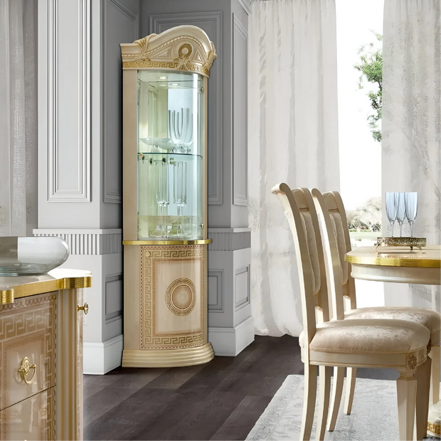 Luxury MEDUSA Italian Cream & Gold 1 Door Corner Display Cabinet by Camel Group