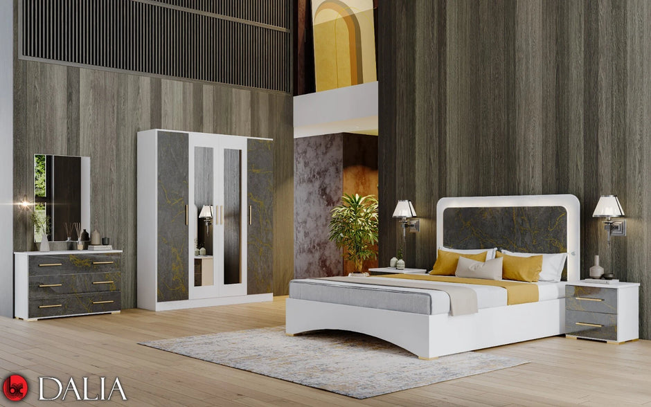 Ben Company Dalia Modern Italian High Gloss Grey-Gold With 4 Doors Wardrobe Bedroom Group