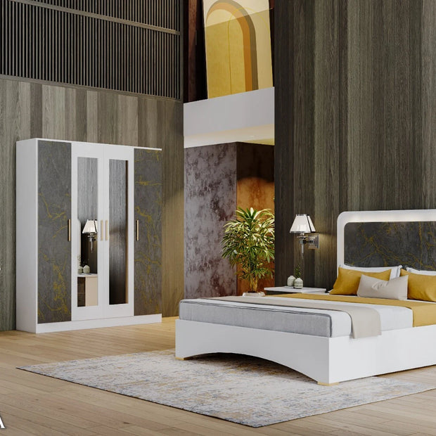 Ben Company Dalia Modern Italian High Gloss Grey-Gold With 4 Doors Wardrobe Bedroom Group