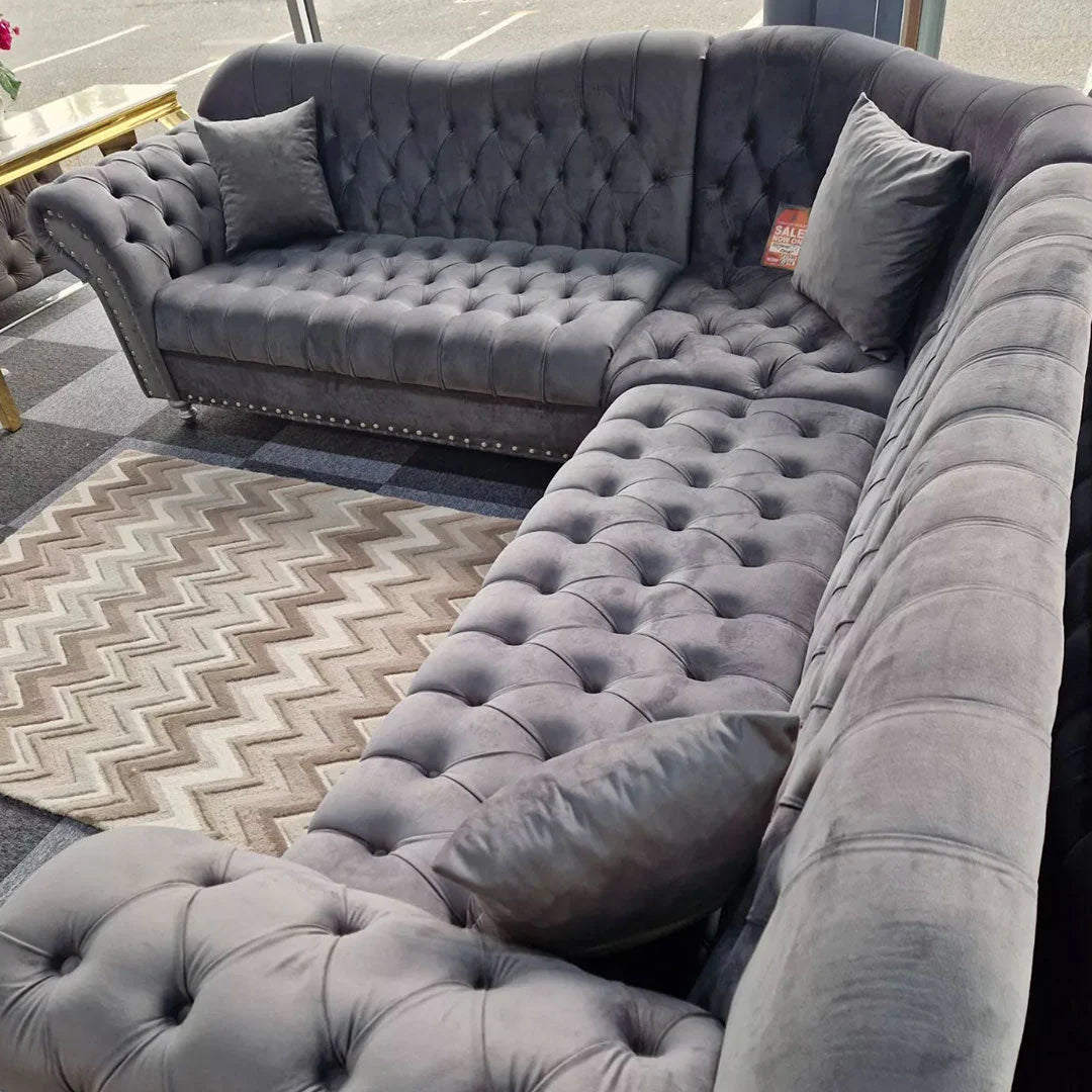 Elegance Chesterfield Corner Sofa in Grey Plush Velvet