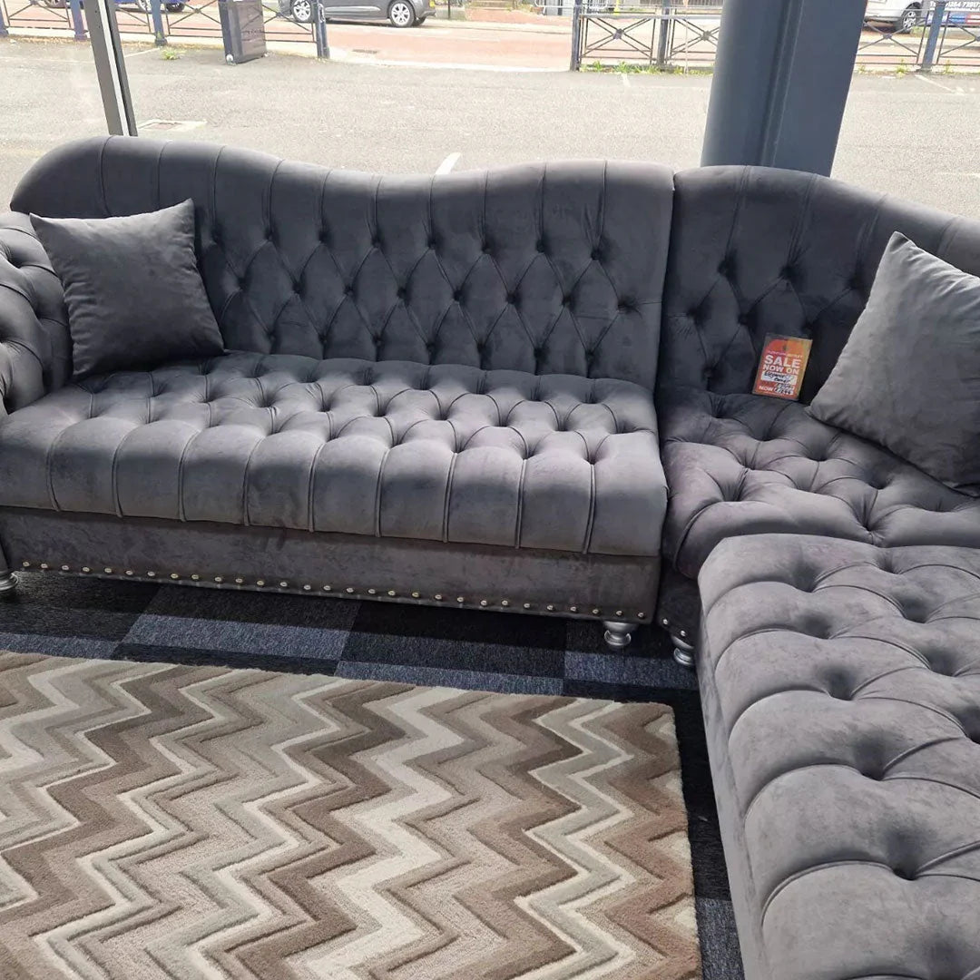 Elegance Chesterfield Corner Sofa in Grey Plush Velvet