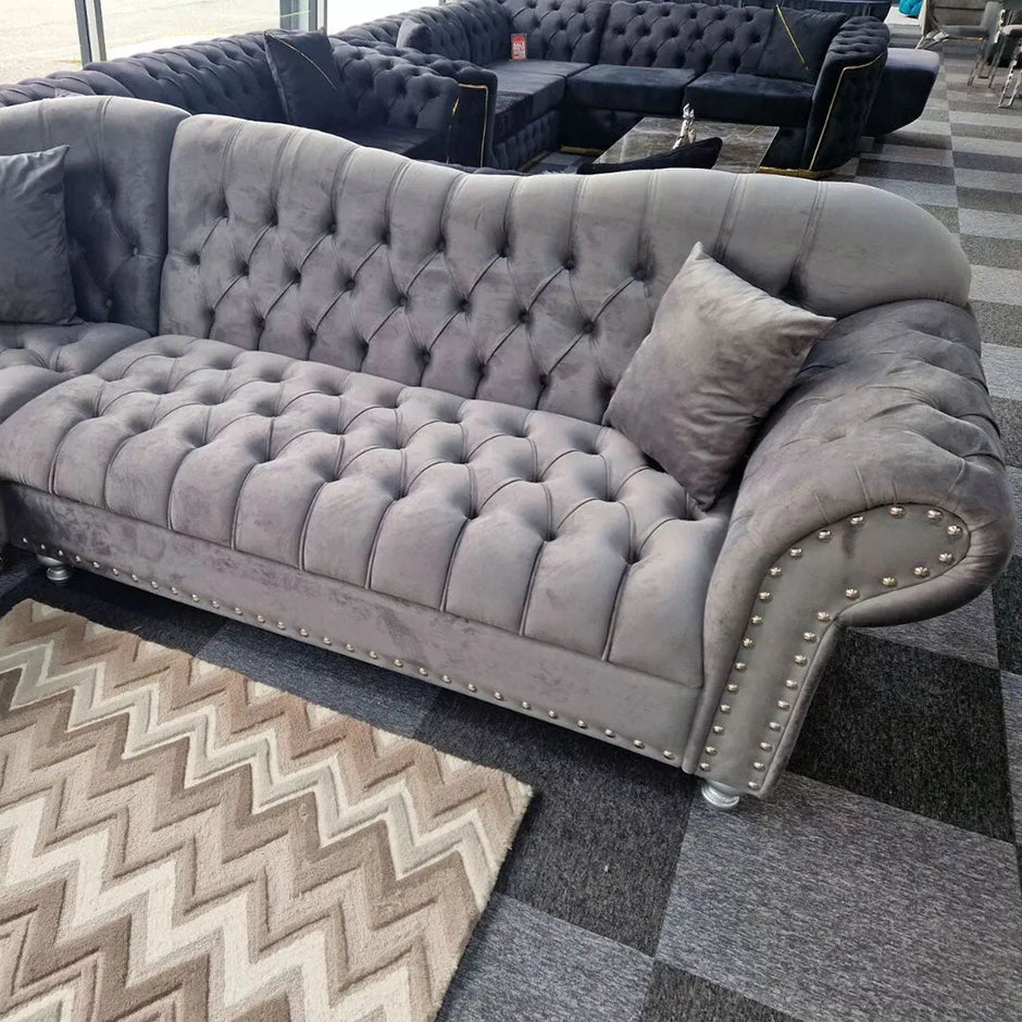 Elegance Chesterfield Corner Sofa in Grey Plush Velvet