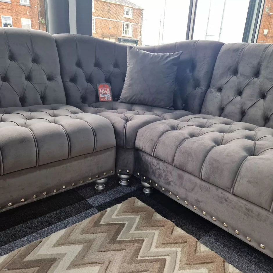 Elegance Chesterfield Corner Sofa in Grey Plush Velvet