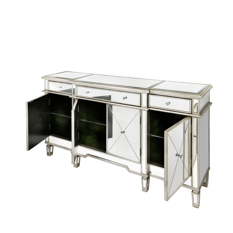 Beaumont Mirrored-Golden Trims 3 Drawer 4 Door Large Storage Sideboard Cabinet