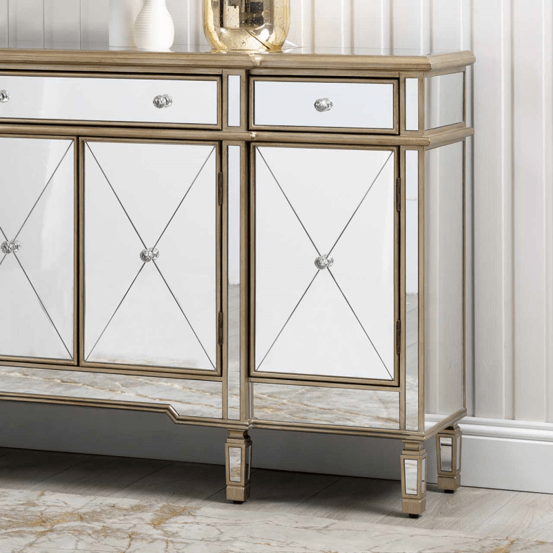 Beaumont Mirrored-Golden Trims 3 Drawer 4 Door Large Storage Sideboard Cabinet
