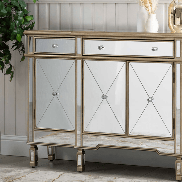Beaumont Mirrored-Golden Trims 3 Drawer 4 Door Large Storage Sideboard Cabinet