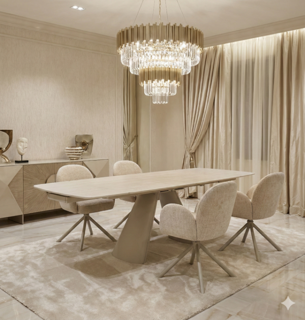 Gstaad Beige Extendable Stone Table with 4, 6 and 8 Swivel Chairs Collection