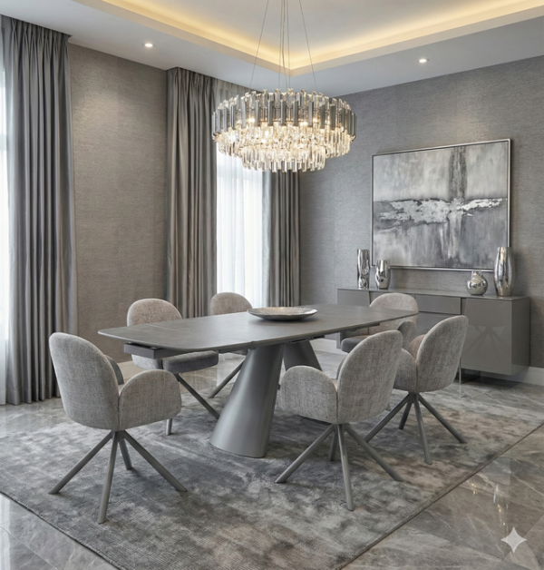 Gstaad Grey Extendable Stone Table with 4, 6 and 8 Swivel Chairs Collection