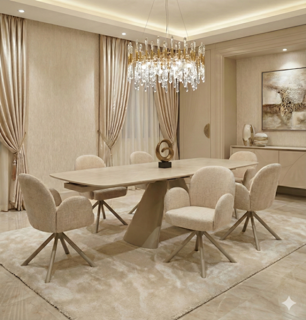 Gstaad Beige Extendable Stone Table with 4, 6 and 8 Swivel Chairs Collection