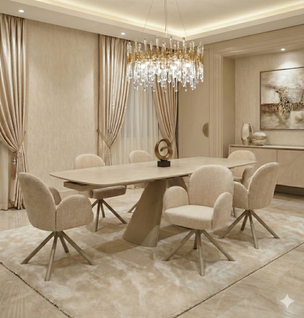 Gstaad Beige Extendable Stone Table with 4, 6 and 8 Swivel Chairs Collection