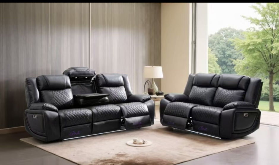 Lisbon 3+2 Seater Aire Leather Electric Reclining Sofa Set + LED Lights Black