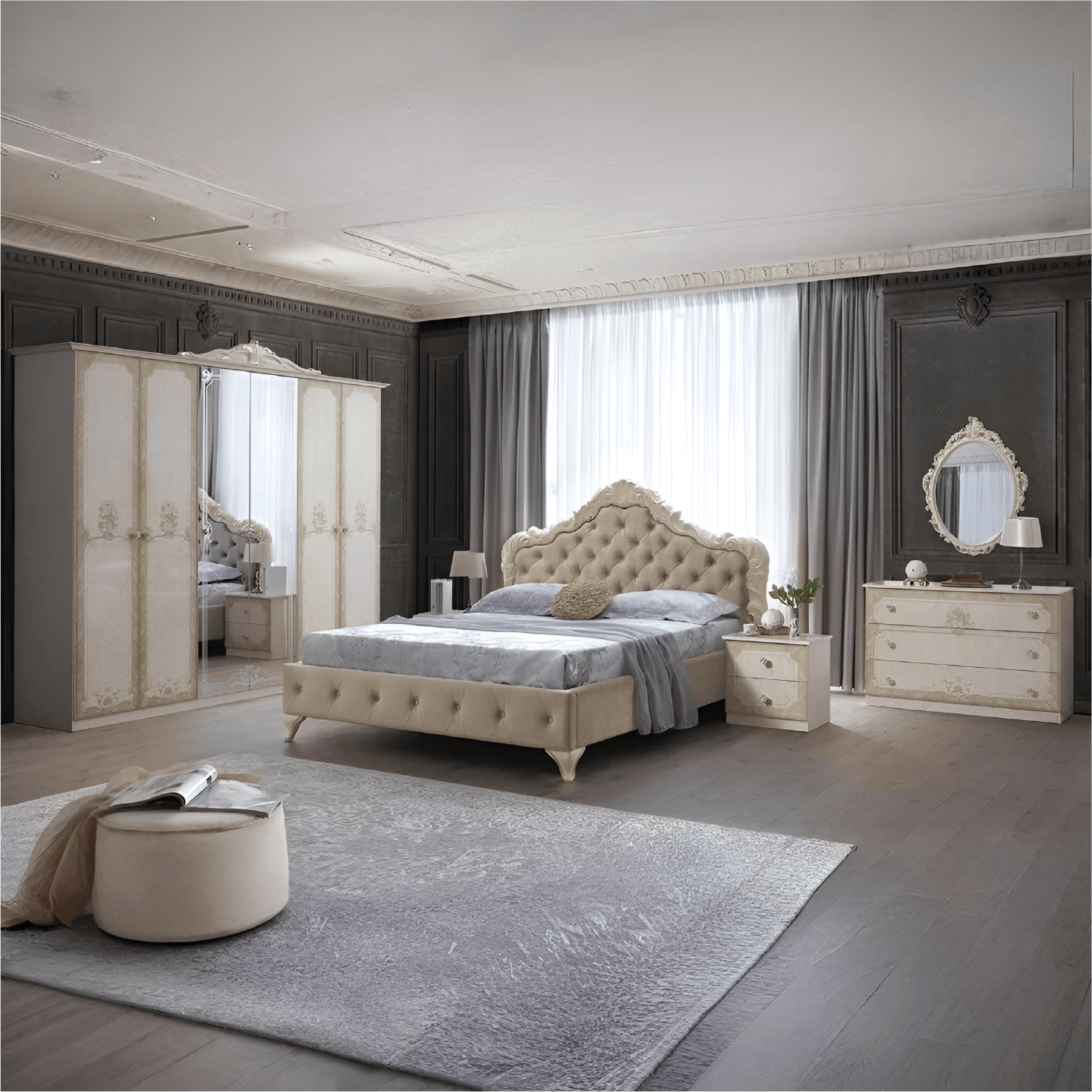 New Beautiful Adele Italian Large 6 Doors Bedroom Set Beige-gold Colour