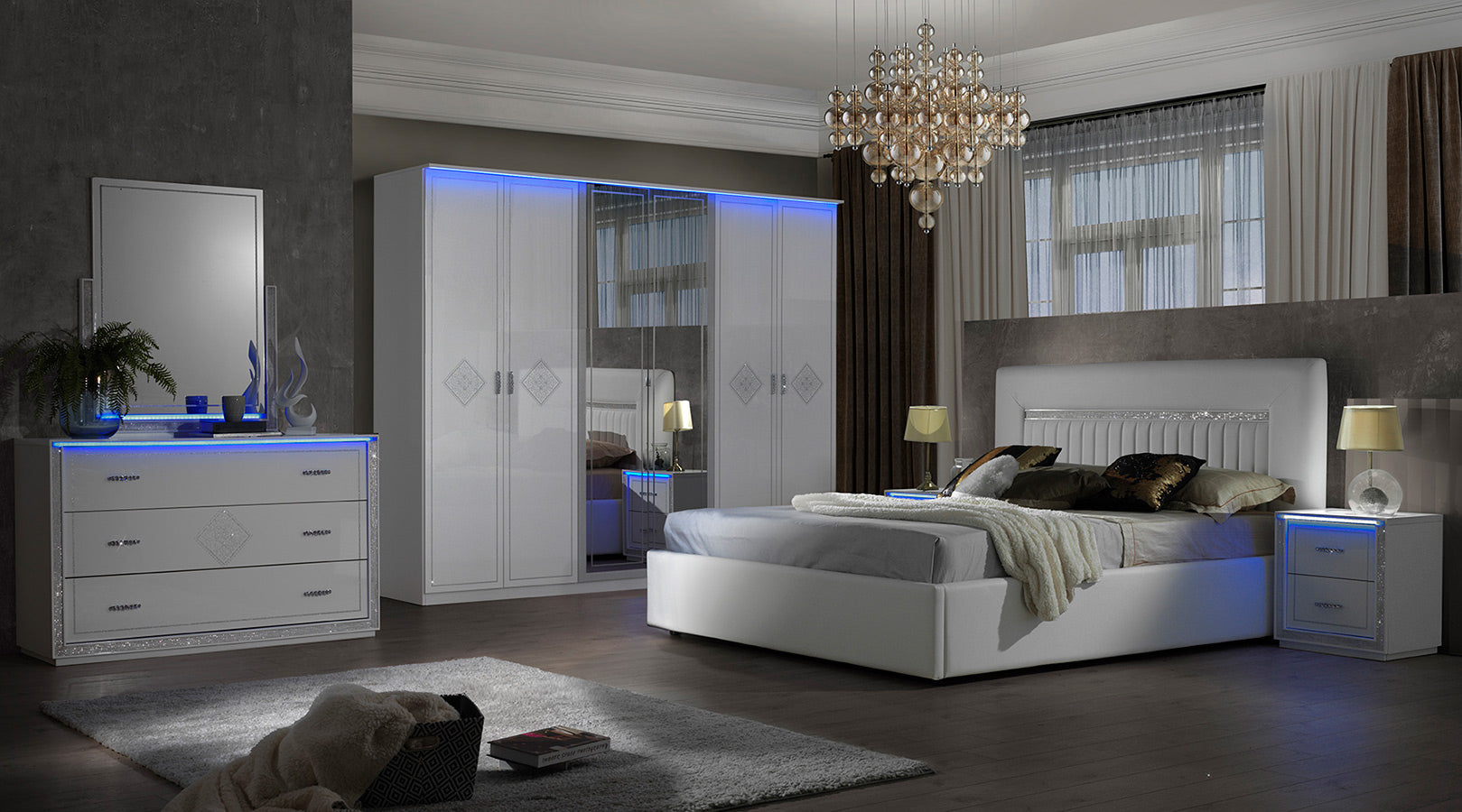 New Billionaire  With LED Lights High Gloss Italian Bedroom Set 6 Door wardrobe
