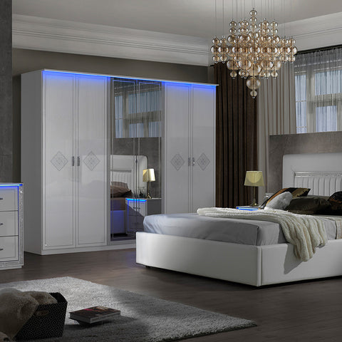 New Billionaire  With LED Lights High Gloss Italian Bedroom Set 6 Door wardrobe