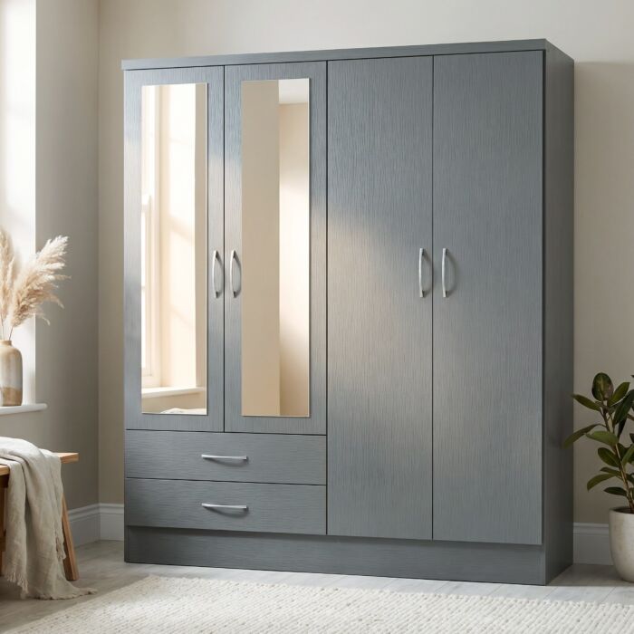 Nevada 4 Door 2 Drawer Wardrobe - 3D Effect Grey
