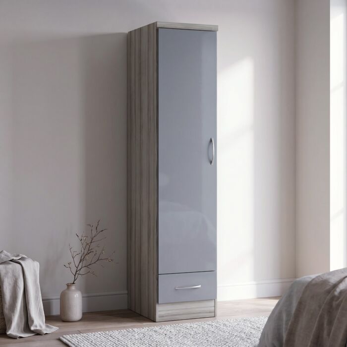 Nevada 1 Door 1 Drawer Wardrobe - Grey Gloss/Light Oak Effect Veneer