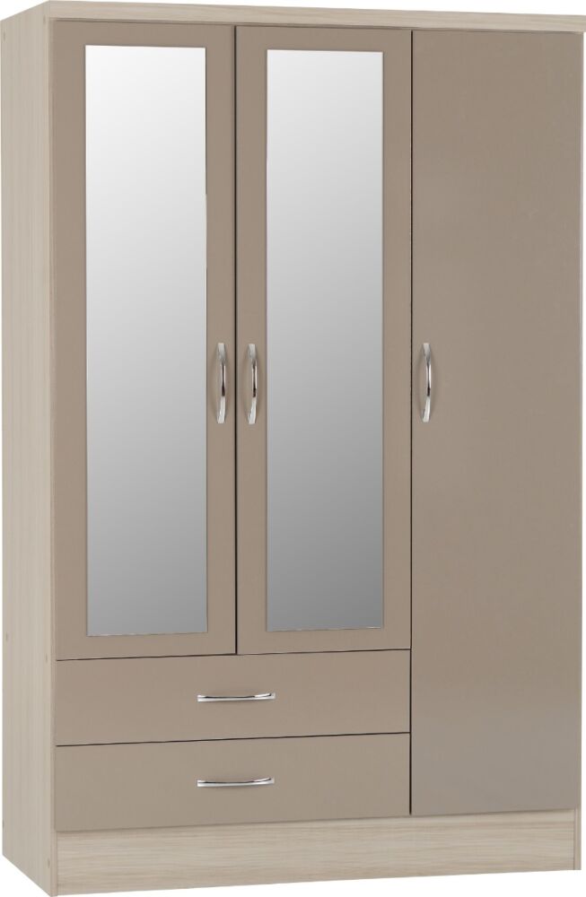 Nevada 3 Door 2 Drawer Wardrobe - Oyster Gloss/Light Oak Effect Veneer