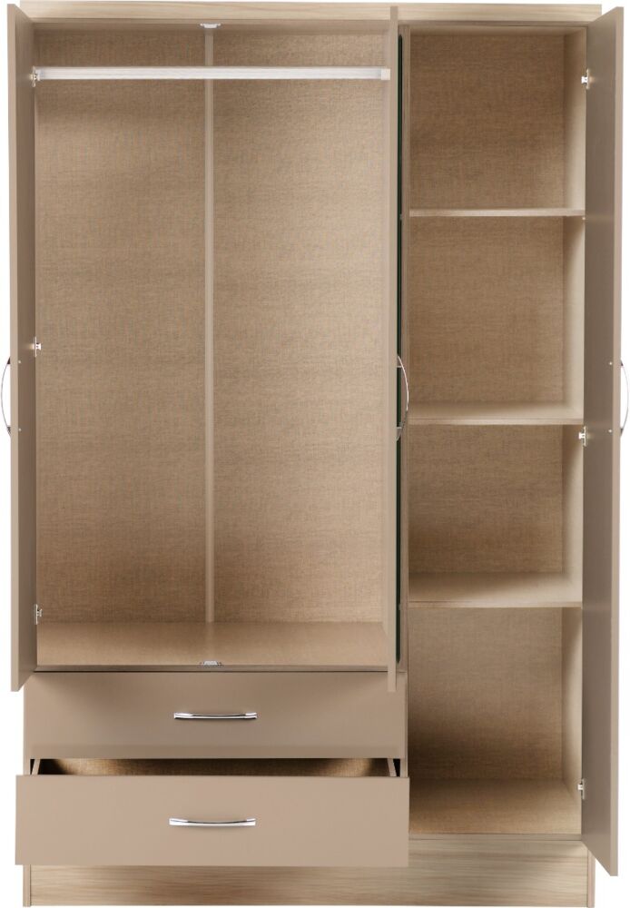 Nevada 3 Door 2 Drawer Wardrobe - Oyster Gloss/Light Oak Effect Veneer
