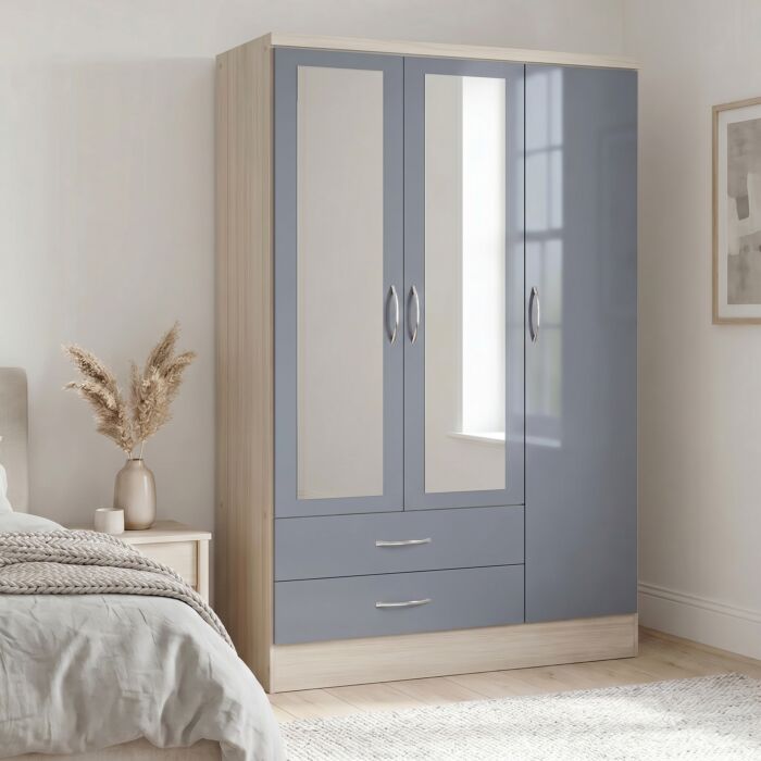 Nevada 3 Door 2 Drawer Wardrobe - Grey Gloss/Light Oak Effect Veneer