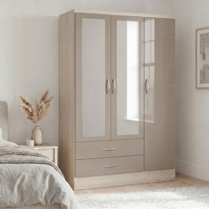 Nevada 3 Door 2 Drawer Wardrobe - Oyster Gloss/Light Oak Effect Veneer
