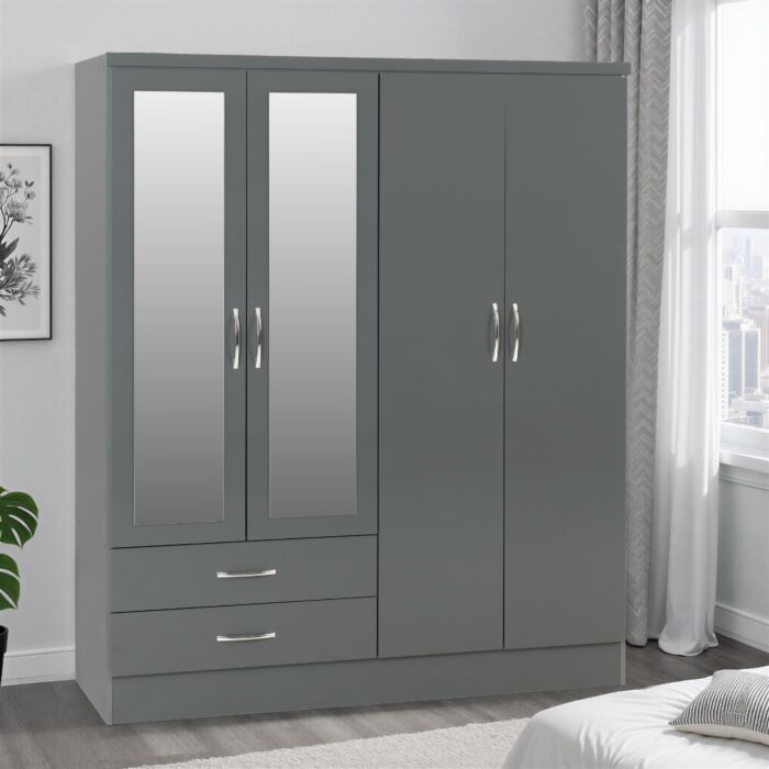 Nevada 4 Door 2 Drawer Wardrobe - Grey Gloss