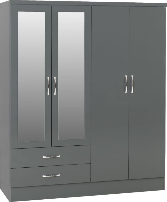 Nevada 4 Door 2 Drawer Wardrobe - Grey Gloss