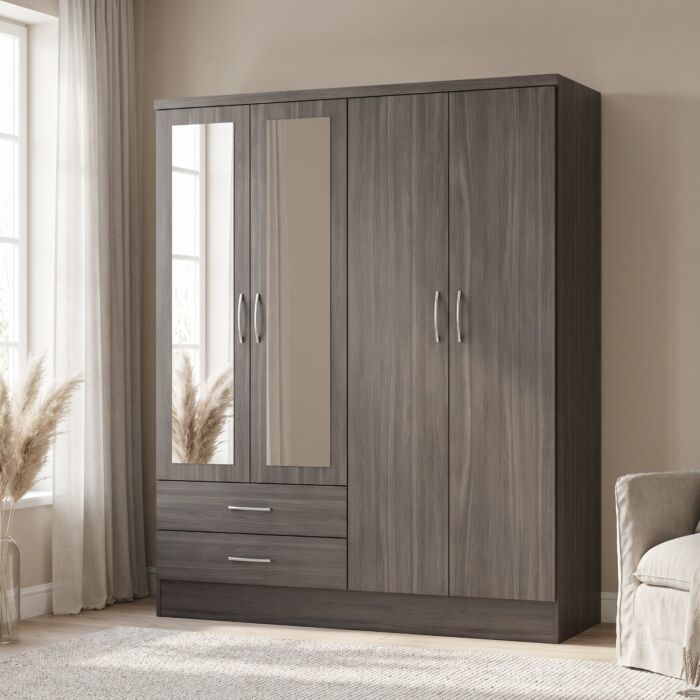 Nevada 4 Door 2 Drawer Wardrobe - Black Wood Grain
