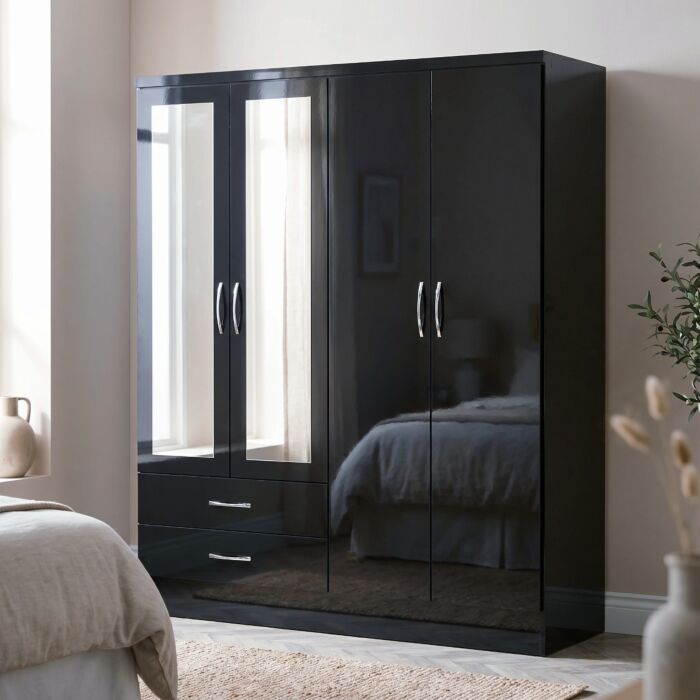 Nevada 4 Door 2 Drawer Wardrobe - Black Gloss
